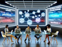 Marketer arbeiten kollaborativ in einem High-Tech-Büro mit großen Bildschirmen, digitalen Symbolen und den Logos von Pitchbox, BuzzStream und Respona – Sinnbild für datengetriebenes Linkbuilding 2025.