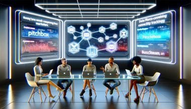 Marketer arbeiten kollaborativ in einem High-Tech-Büro mit großen Bildschirmen, digitalen Symbolen und den Logos von Pitchbox, BuzzStream und Respona – Sinnbild für datengetriebenes Linkbuilding 2025.