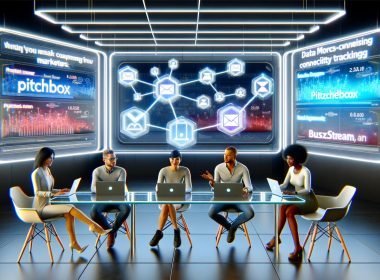 Marketer arbeiten kollaborativ in einem High-Tech-Büro mit großen Bildschirmen, digitalen Symbolen und den Logos von Pitchbox, BuzzStream und Respona – Sinnbild für datengetriebenes Linkbuilding 2025.