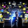 Drama im modernen Büro: Marketer vor komplexen Marketing-Dashboards, umgeben von Notizzetteln, Kaffeetassen und Tracking-Codes im halbdunklen Raum mit Keywords wie Attribution und ROI.