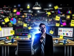 Drama im modernen Büro: Marketer vor komplexen Marketing-Dashboards, umgeben von Notizzetteln, Kaffeetassen und Tracking-Codes im halbdunklen Raum mit Keywords wie Attribution und ROI.