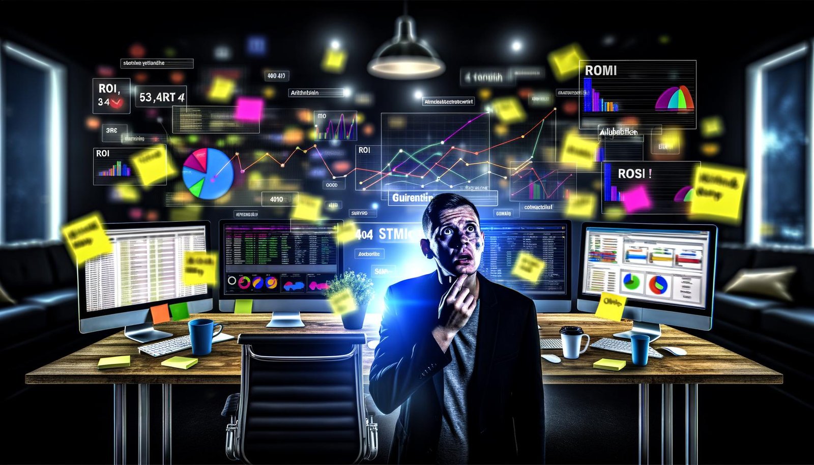 Drama im modernen Büro: Marketer vor komplexen Marketing-Dashboards, umgeben von Notizzetteln, Kaffeetassen und Tracking-Codes im halbdunklen Raum mit Keywords wie Attribution und ROI.