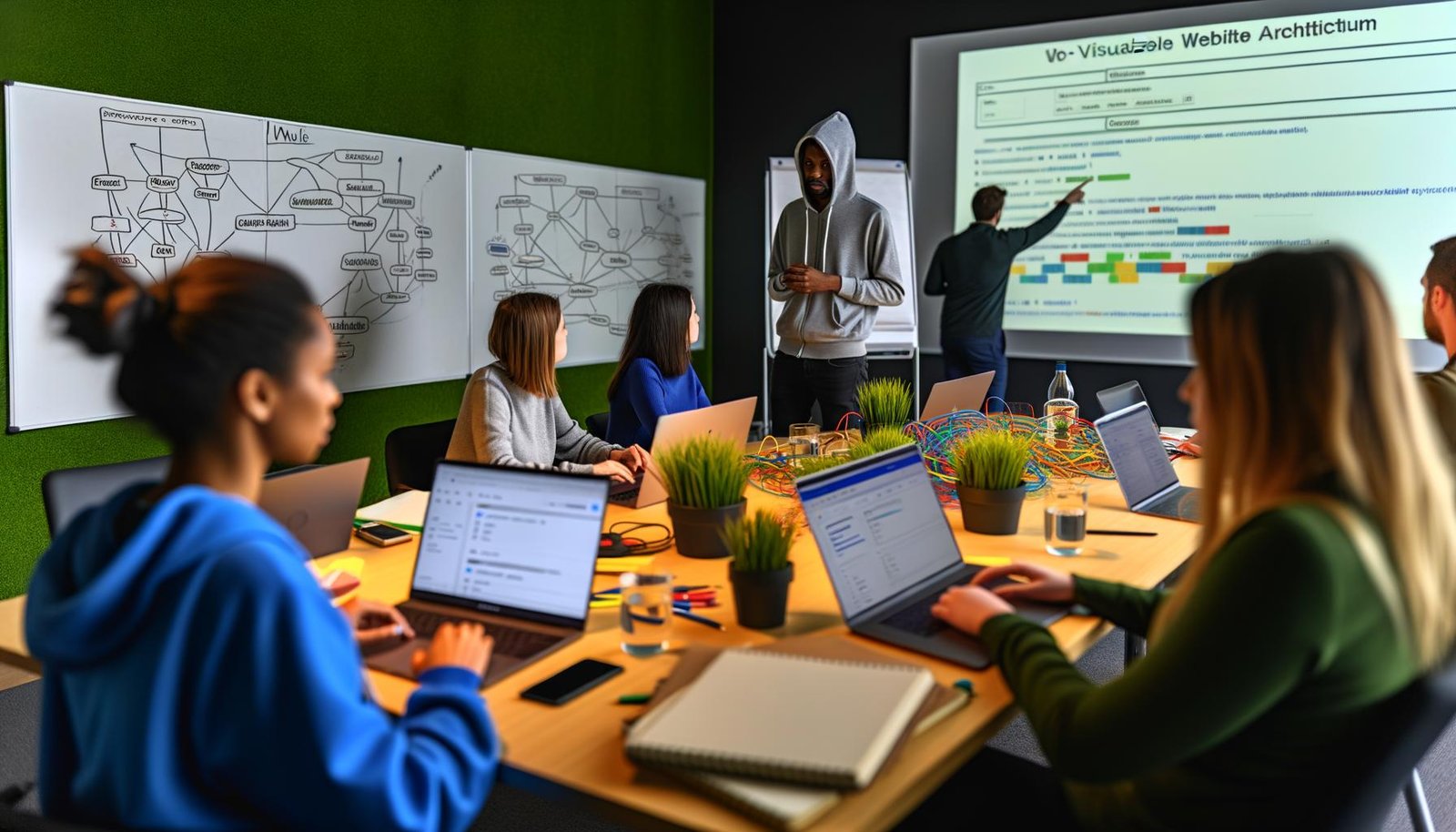 SEO-Workshop mit Online-Marketing-Profis bei der Analyse von Crawling-Daten und Core Web Vitals, Trainer erklärt Website-Struktur, Notizen und technische Diagramme sichtbar