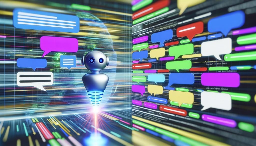 Digital-Marketing-Dashboard mit bunten UI-Elementen, Chatfenstern und zentralem KI-Dialogbot vor verblassten Werbebannern