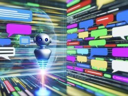 Digital-Marketing-Dashboard mit bunten UI-Elementen, Chatfenstern und zentralem KI-Dialogbot vor verblassten Werbebannern