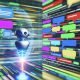 Digital-Marketing-Dashboard mit bunten UI-Elementen, Chatfenstern und zentralem KI-Dialogbot vor verblassten Werbebannern