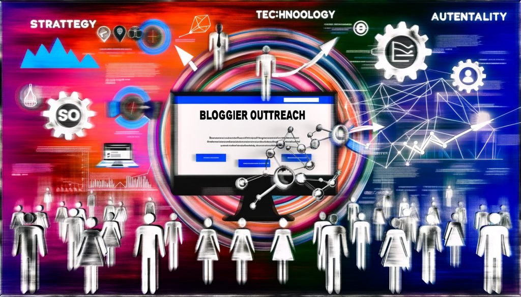 Abstraktes Titelbild mit minimalistischer Website auf Monitor, umgeben von vernetzten Bloggern, SEO-Metriken und Symbolen für Automatisierung. Urbaner, dynamischer Stil in kräftigen Farben.