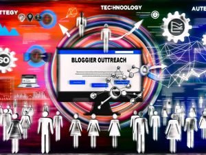 Abstraktes Titelbild mit minimalistischer Website auf Monitor, umgeben von vernetzten Bloggern, SEO-Metriken und Symbolen für Automatisierung. Urbaner, dynamischer Stil in kräftigen Farben.