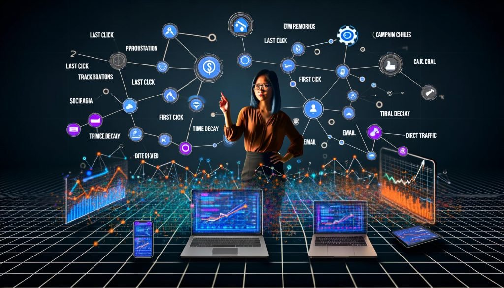 Illustration einer Marketerin, die ein Dashboard mit mehreren Attributionsmodellen, Datenvisualisierungen und Tracking-Icons auf Laptop, Tablet und Smartphone analysiert