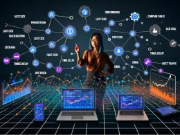 Illustration einer Marketerin, die ein Dashboard mit mehreren Attributionsmodellen, Datenvisualisierungen und Tracking-Icons auf Laptop, Tablet und Smartphone analysiert