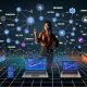 Illustration einer Marketerin, die ein Dashboard mit mehreren Attributionsmodellen, Datenvisualisierungen und Tracking-Icons auf Laptop, Tablet und Smartphone analysiert