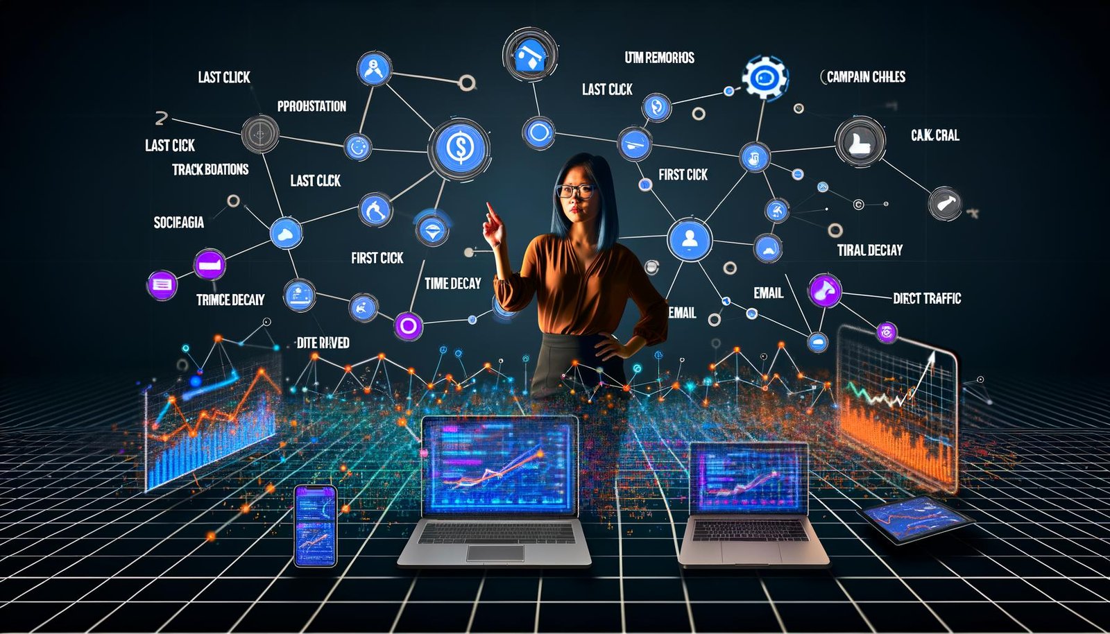 Illustration einer Marketerin, die ein Dashboard mit mehreren Attributionsmodellen, Datenvisualisierungen und Tracking-Icons auf Laptop, Tablet und Smartphone analysiert