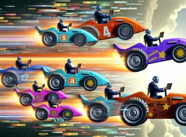 Digitale Illustration des Amazon-Marktplatzes als Rennstrecke mit Produktwagen voller Keywords, Preise und Bewertungen, gesteuert von Marketer in Anzügen, mit einem Roboter-Algorithmus als Schiedsrichter.