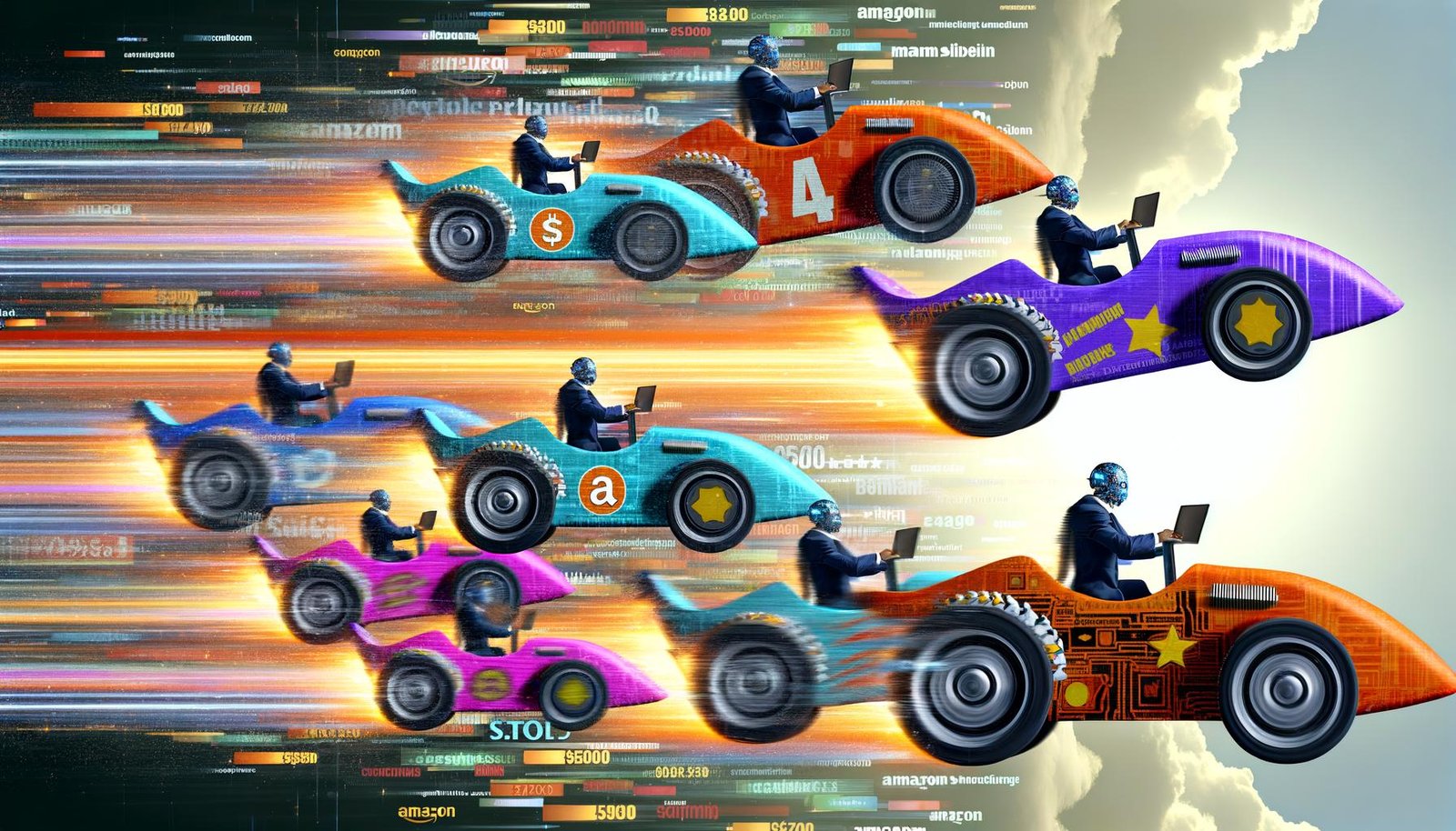 Digitale Illustration des Amazon-Marktplatzes als Rennstrecke mit Produktwagen voller Keywords, Preise und Bewertungen, gesteuert von Marketer in Anzügen, mit einem Roboter-Algorithmus als Schiedsrichter.