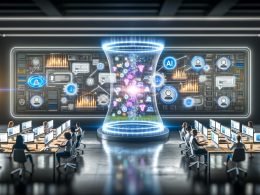 Futuristischer Online-Marketing Maschinenraum mit digitalen Anzeigen, KI-Expert:innen und auslaufender Bannerwerbung