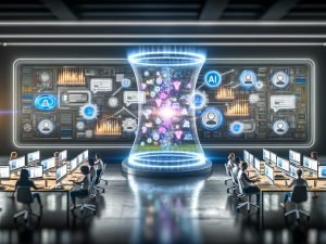 Futuristischer Online-Marketing Maschinenraum mit digitalen Anzeigen, KI-Expert:innen und auslaufender Bannerwerbung