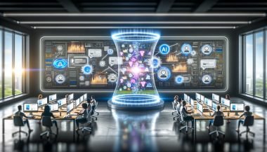 Futuristischer Online-Marketing Maschinenraum mit digitalen Anzeigen, KI-Expert:innen und auslaufender Bannerwerbung