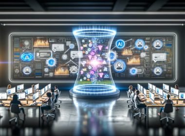Futuristischer Online-Marketing Maschinenraum mit digitalen Anzeigen, KI-Expert:innen und auslaufender Bannerwerbung
