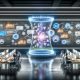 Futuristischer Online-Marketing Maschinenraum mit digitalen Anzeigen, KI-Expert:innen und auslaufender Bannerwerbung