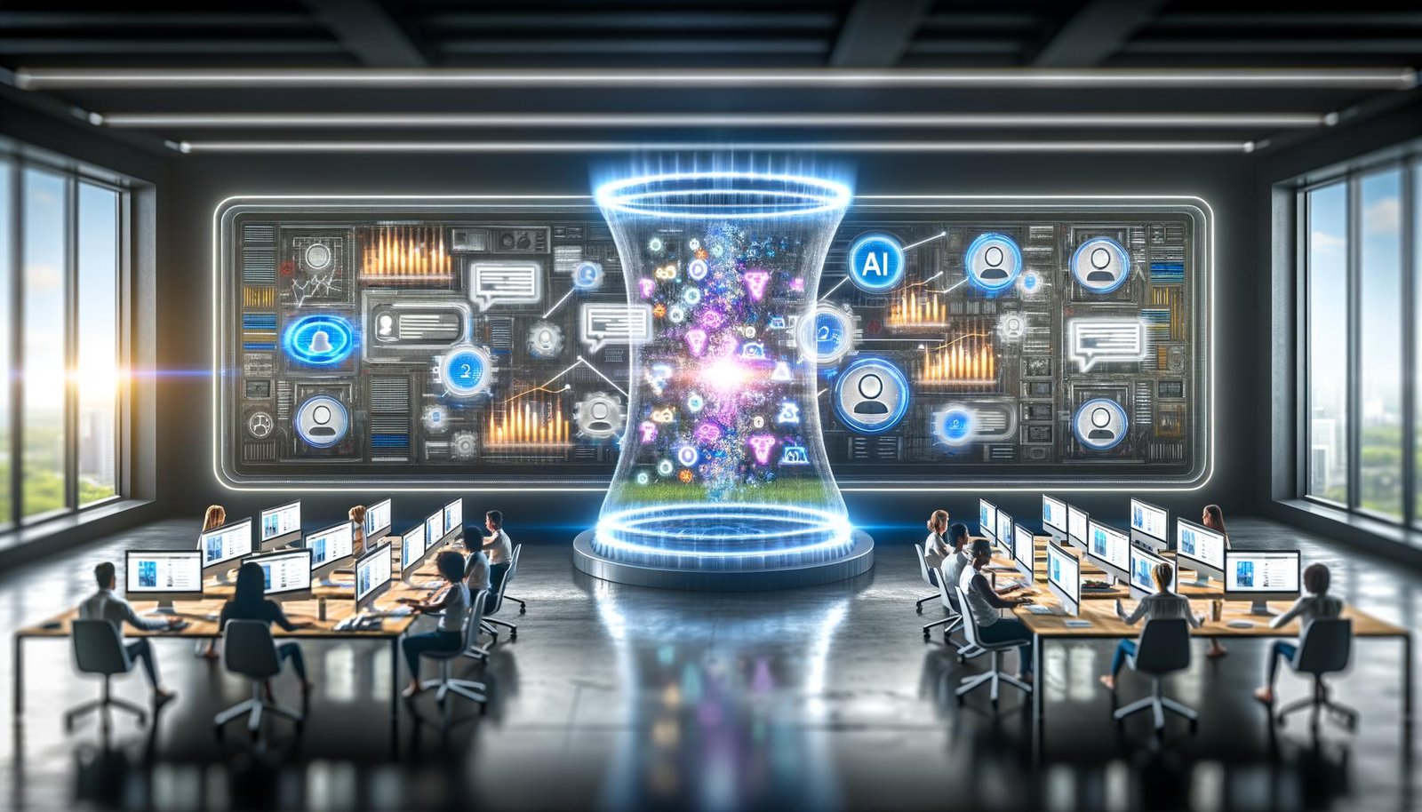 Futuristischer Online-Marketing Maschinenraum mit digitalen Anzeigen, KI-Expert:innen und auslaufender Bannerwerbung
