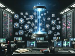 Futuristischer Maschinenraum mit holografischen Bildschirmen, digitalen Datenströmen, Blogger-Icons und Marketers an Tablets, während Papierkontakte am Rand entsorgt werden.
