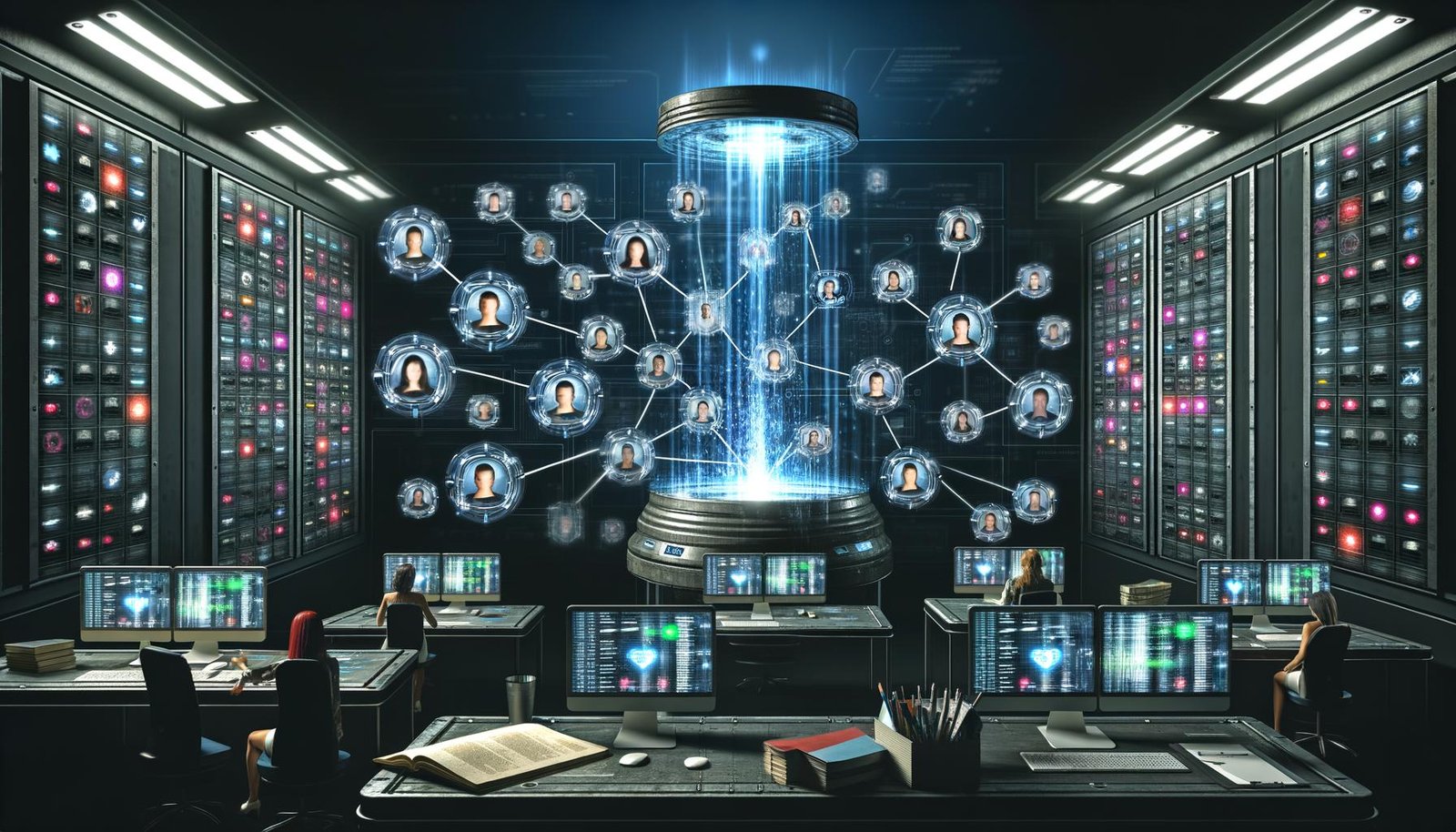 Futuristischer Maschinenraum mit holografischen Bildschirmen, digitalen Datenströmen, Blogger-Icons und Marketers an Tablets, während Papierkontakte am Rand entsorgt werden.