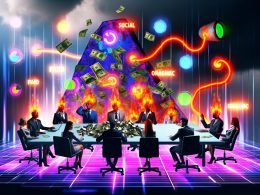 Surreale Büroszene mit Marketers, leuchtenden Dashboards, chaotischen Datenlinien, Budget-Ordnern und einem wirbelnden Bermuda-Dreieck, das Berichte und Geld verschluckt