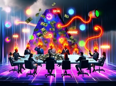 Surreale Büroszene mit Marketers, leuchtenden Dashboards, chaotischen Datenlinien, Budget-Ordnern und einem wirbelnden Bermuda-Dreieck, das Berichte und Geld verschluckt