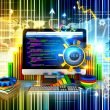 Monitor mit geöffneter Joomla-Administrationsoberfläche, bunten SEO- und Technik-Symbolen sowie Code- und Suchtreffer-Elementen auf moderner Magazin-Titelseite