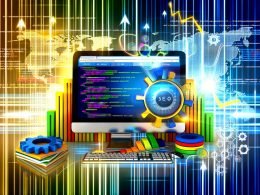 Monitor mit geöffneter Joomla-Administrationsoberfläche, bunten SEO- und Technik-Symbolen sowie Code- und Suchtreffer-Elementen auf moderner Magazin-Titelseite