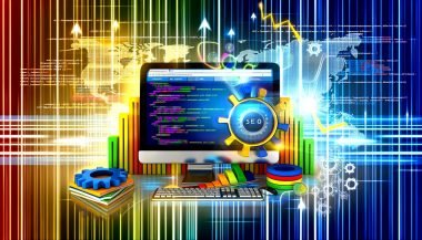 Monitor mit geöffneter Joomla-Administrationsoberfläche, bunten SEO- und Technik-Symbolen sowie Code- und Suchtreffer-Elementen auf moderner Magazin-Titelseite