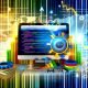 Monitor mit geöffneter Joomla-Administrationsoberfläche, bunten SEO- und Technik-Symbolen sowie Code- und Suchtreffer-Elementen auf moderner Magazin-Titelseite