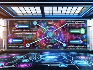 Futuristisch gestaltetes Kommandocenter mit Marketern vor einem digitalen Dashboard mit KI, Dialogbäumen, Echtzeitdaten und dynamischen Werbungselementen.