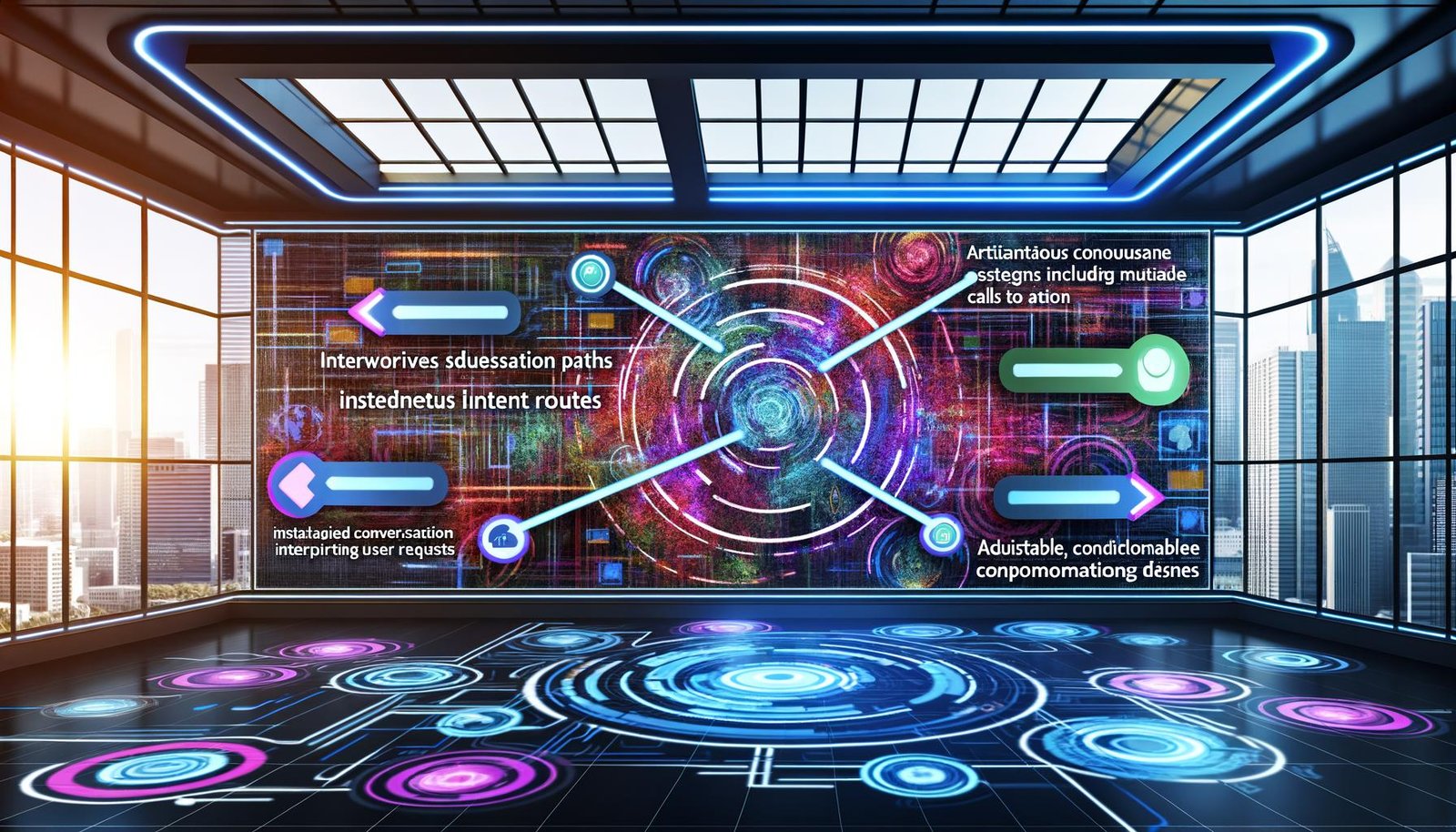 Futuristisch gestaltetes Kommandocenter mit Marketern vor einem digitalen Dashboard mit KI, Dialogbäumen, Echtzeitdaten und dynamischen Werbungselementen.