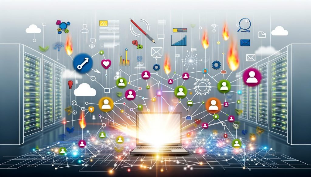 Illustration eines Laptops im Zentrum eines wachsenden Netzwerks bunter User-Avatare, verbunden durch Linien und Symbole wie Herzen, Chatblasen und Upvotes, umgeben von Icons für Technik, Content, Datenanalyse, Engagement und Automatisierung, vor minimalistischem Server- und Code-Hintergrund.