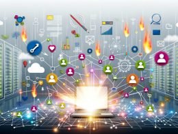 Illustration eines Laptops im Zentrum eines wachsenden Netzwerks bunter User-Avatare, verbunden durch Linien und Symbole wie Herzen, Chatblasen und Upvotes, umgeben von Icons für Technik, Content, Datenanalyse, Engagement und Automatisierung, vor minimalistischem Server- und Code-Hintergrund.