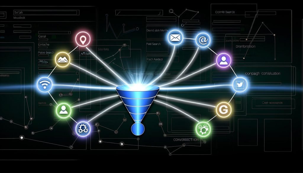 Stilisiertes Titelbild mit geometrischem Marketing-Funnel, farbigen Icons für Kanäle wie Social Media, E-Mail, Paid Search, Affiliate und Direct, die durch leuchtende Linien zum Conversion-Ziel führen, vor dunklem Dashboard mit KPI-Daten.