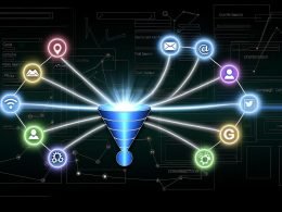 Stilisiertes Titelbild mit geometrischem Marketing-Funnel, farbigen Icons für Kanäle wie Social Media, E-Mail, Paid Search, Affiliate und Direct, die durch leuchtende Linien zum Conversion-Ziel führen, vor dunklem Dashboard mit KPI-Daten.