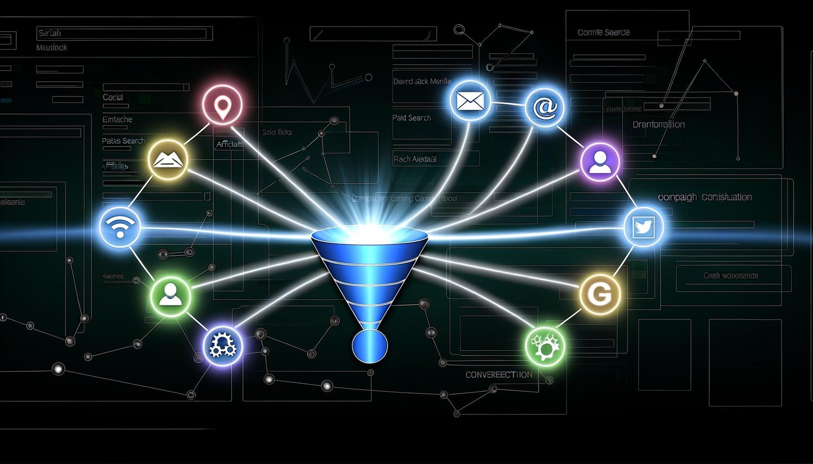 Stilisiertes Titelbild mit geometrischem Marketing-Funnel, farbigen Icons für Kanäle wie Social Media, E-Mail, Paid Search, Affiliate und Direct, die durch leuchtende Linien zum Conversion-Ziel führen, vor dunklem Dashboard mit KPI-Daten.