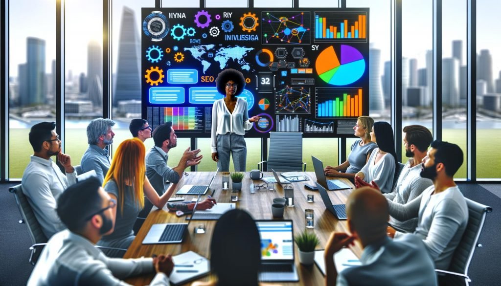 Speaker präsentiert komplexe SEO-Diagramme auf digitalem Dashboard vor jungen Workshop-Teilnehmern in modernem Konferenzraum mit Stadtblick