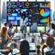 Speaker präsentiert komplexe SEO-Diagramme auf digitalem Dashboard vor jungen Workshop-Teilnehmern in modernem Konferenzraum mit Stadtblick