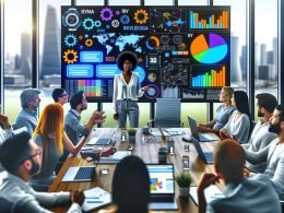 Speaker präsentiert komplexe SEO-Diagramme auf digitalem Dashboard vor jungen Workshop-Teilnehmern in modernem Konferenzraum mit Stadtblick