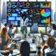 Speaker präsentiert komplexe SEO-Diagramme auf digitalem Dashboard vor jungen Workshop-Teilnehmern in modernem Konferenzraum mit Stadtblick