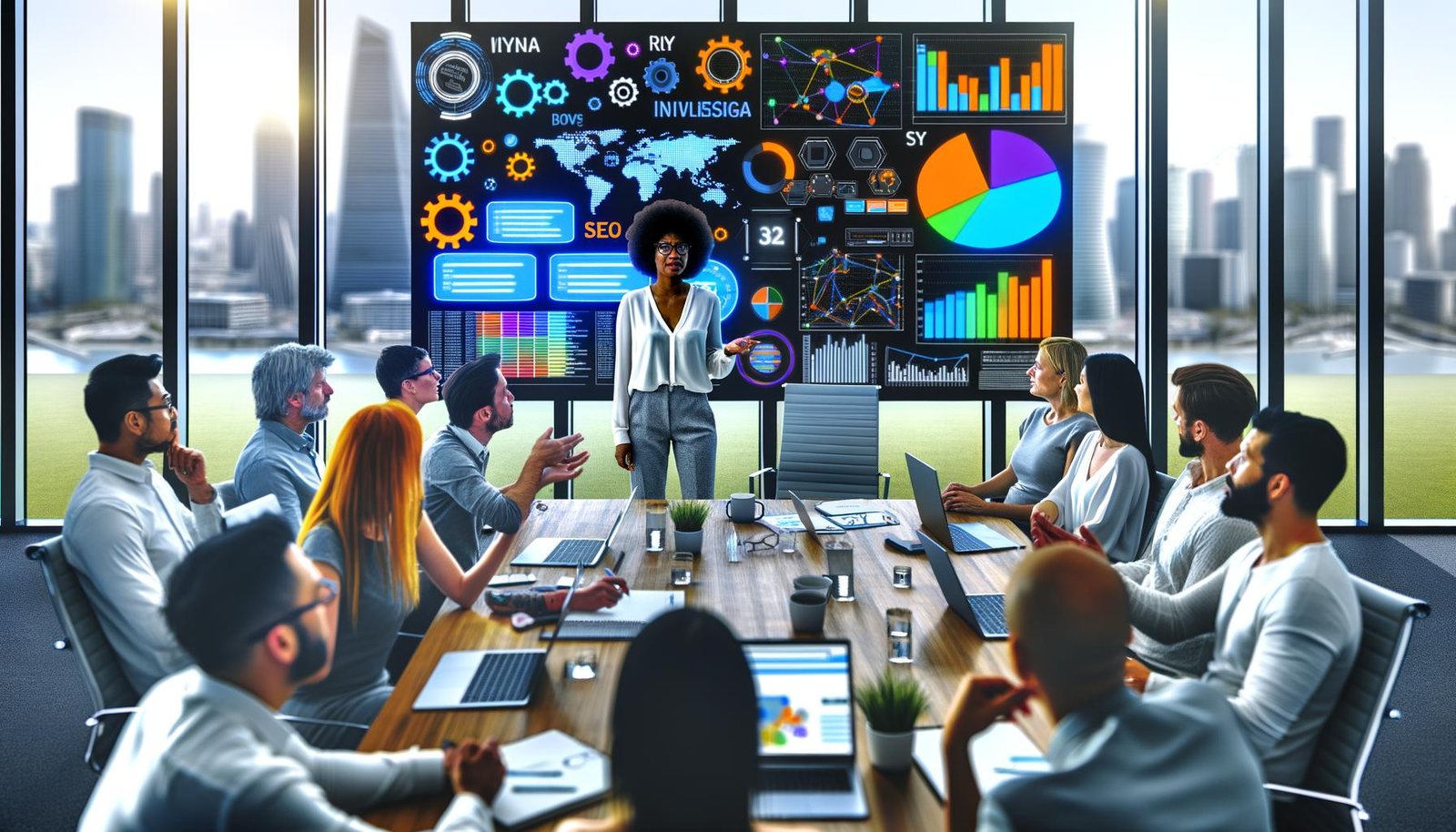 Speaker präsentiert komplexe SEO-Diagramme auf digitalem Dashboard vor jungen Workshop-Teilnehmern in modernem Konferenzraum mit Stadtblick