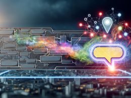 Futuristische Illustration: Bunte KI-Dialoganzeige in Sprechblasenform dominiert eine digitale Landschaft mit verblassten traditionellen Werbebannern im Hintergrund.
