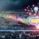 Futuristische Illustration: Bunte KI-Dialoganzeige in Sprechblasenform dominiert eine digitale Landschaft mit verblassten traditionellen Werbebannern im Hintergrund.