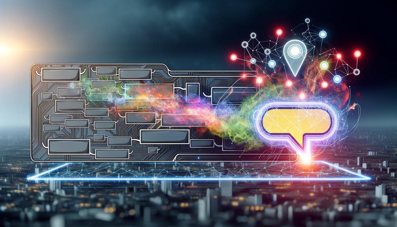 Futuristische Illustration: Bunte KI-Dialoganzeige in Sprechblasenform dominiert eine digitale Landschaft mit verblassten traditionellen Werbebannern im Hintergrund.
