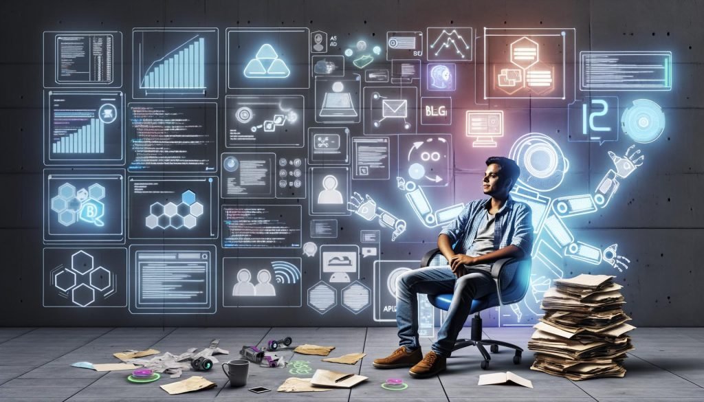 Moderner Arbeitsplatz mit Content Creator, mehreren Bildschirmen, Automatisierungs- und KI-Symbolen sowie einem Handschlag zwischen menschlicher und Roboterhand über einem erfolgreichen Blog-Dashboard.