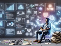 Moderner Arbeitsplatz mit Content Creator, mehreren Bildschirmen, Automatisierungs- und KI-Symbolen sowie einem Handschlag zwischen menschlicher und Roboterhand über einem erfolgreichen Blog-Dashboard.