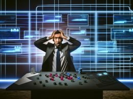 Gestresster Marketing-Mitarbeiter in nächtlicher Büroumgebung, umgeben von leuchtenden Datenströmen, unvollständigen Diagrammen und einem Würfelbecher auf dem Tisch.
